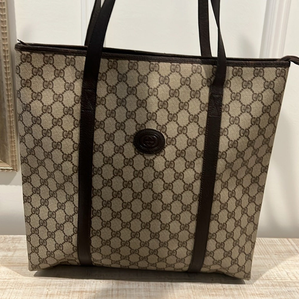 Gucci GG Coated Canvas & Brown Large Leather Tote Shoulder Overnight Bag EUC - Picture 12 of 12